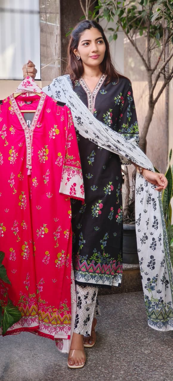 Chevron Floral Printed Full Suit Set With Dupatta- 10538