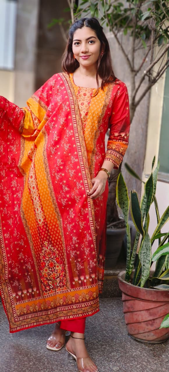 Lawn Look Dual Color Printed Full Suit Set With Dupatta