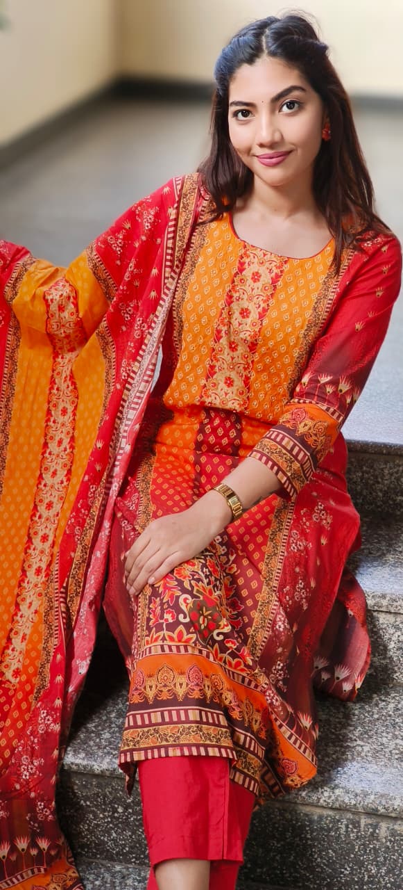 Lawn Look Dual Color Printed Full Suit Set With Dupatta