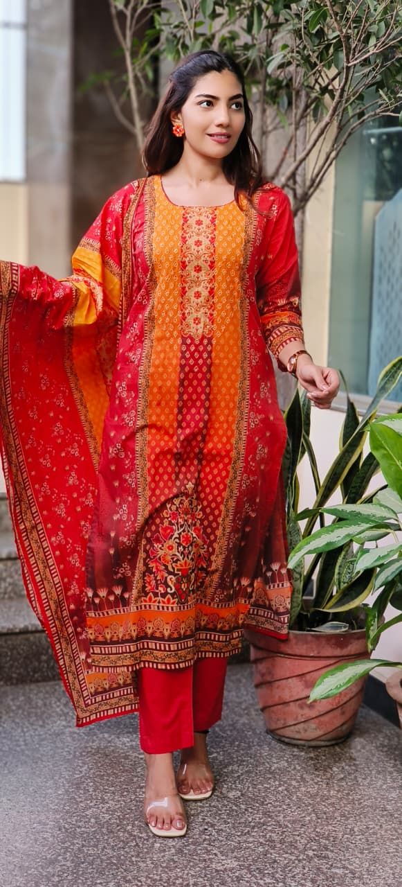 Lawn Look Dual Color Printed Full Suit Set With Dupatta