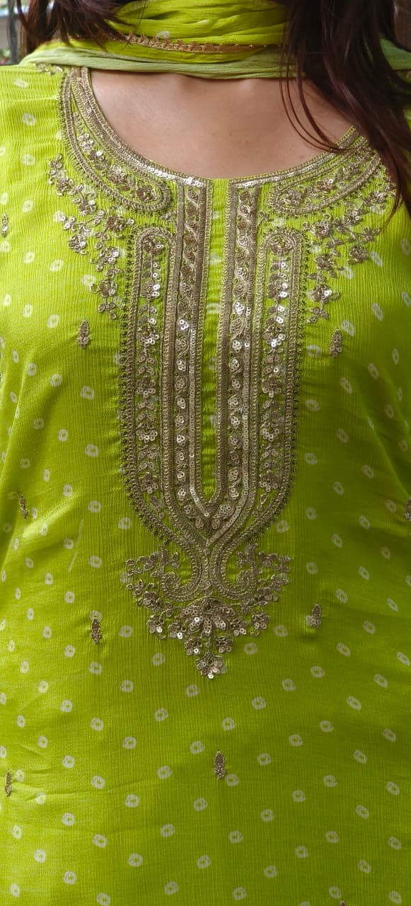 Zardosi Front Work Bandhej Full Suit Set With Farsi Bottom
