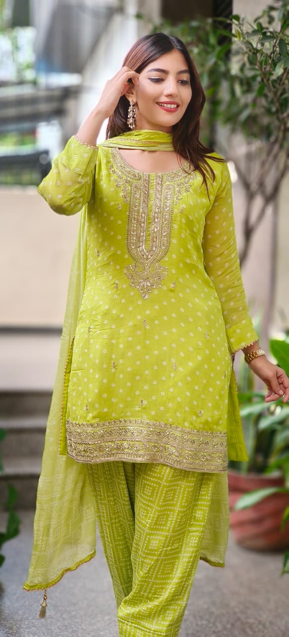 Zardosi Front Work Bandhej Full Suit Set With Farsi Bottom