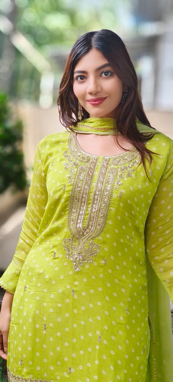 Zardosi Front Work Bandhej Full Suit Set With Farsi Bottom