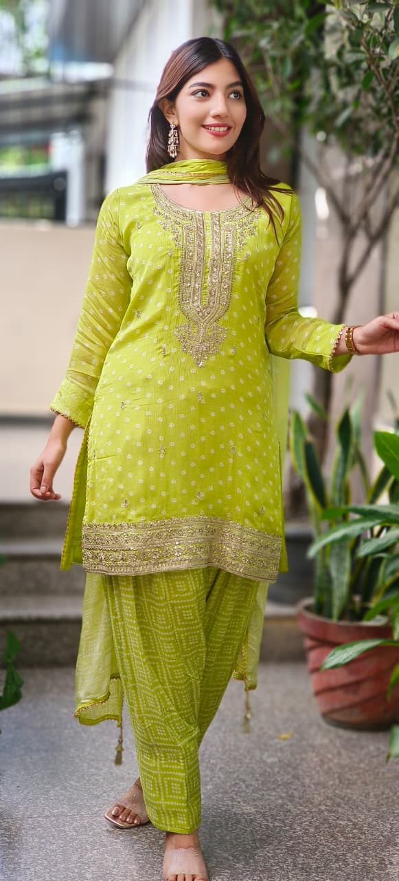 Zardosi Front Work Bandhej Full Suit Set With Farsi Bottom