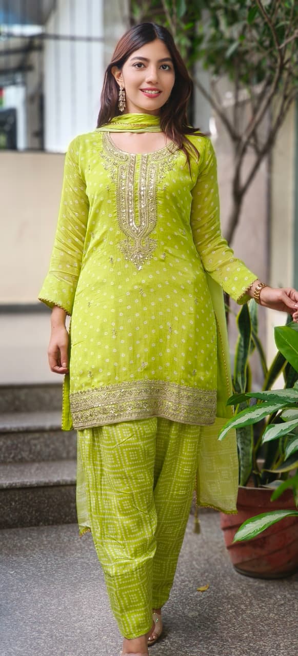 Zardosi Front Work Bandhej Full Suit Set With Farsi Bottom