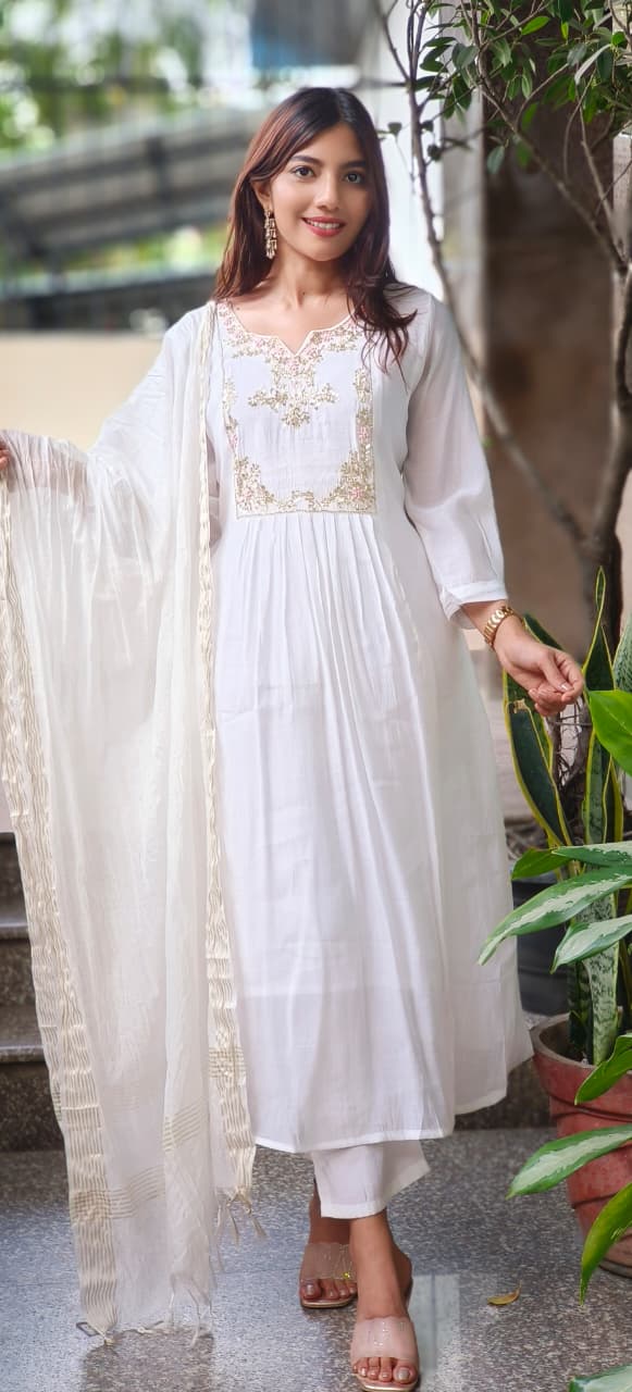 Very Elegant Soft Tone A-Line Full Suit Set With Dupatta In Mul Chanderi Fabric