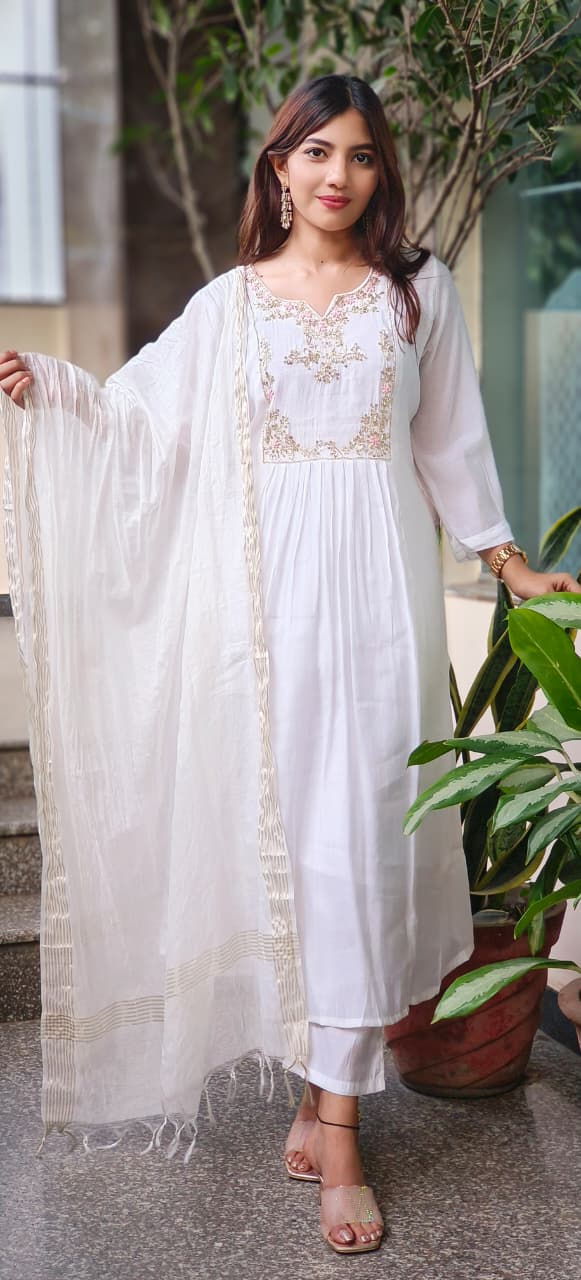 Very Elegant Soft Tone A-Line Full Suit Set With Dupatta In Mul Chanderi Fabric