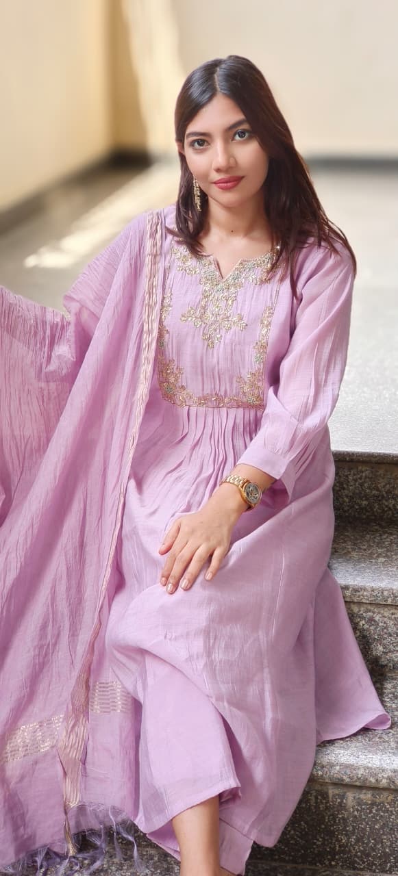 Very Elegant Soft Tone A-Line Full Suit Set With Dupatta In Mul Chanderi Fabric