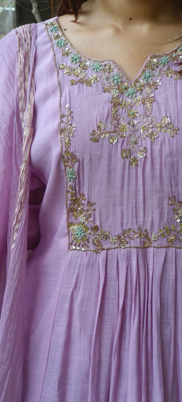 Very Elegant Soft Tone A-Line Full Suit Set With Dupatta In Mul Chanderi Fabric