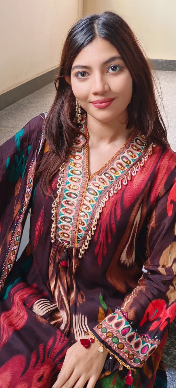 V-Neck Ikkat Elegance Full Suit Set With Dupatta In Chinon Fabric- 10672