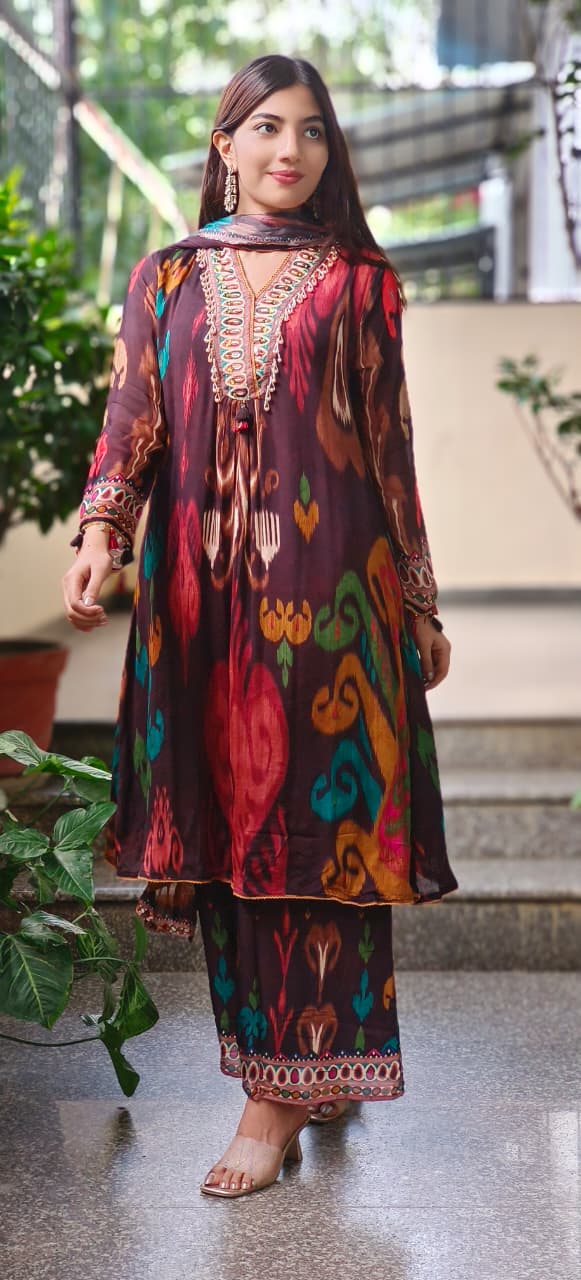 V-Neck Ikkat Elegance Full Suit Set With Dupatta In Chinon Fabric- 10672