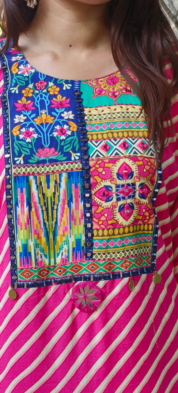 Multi Prints Yoke Leheriya Full Suit Set With Floral Dupatta In Dola Silk Fabric