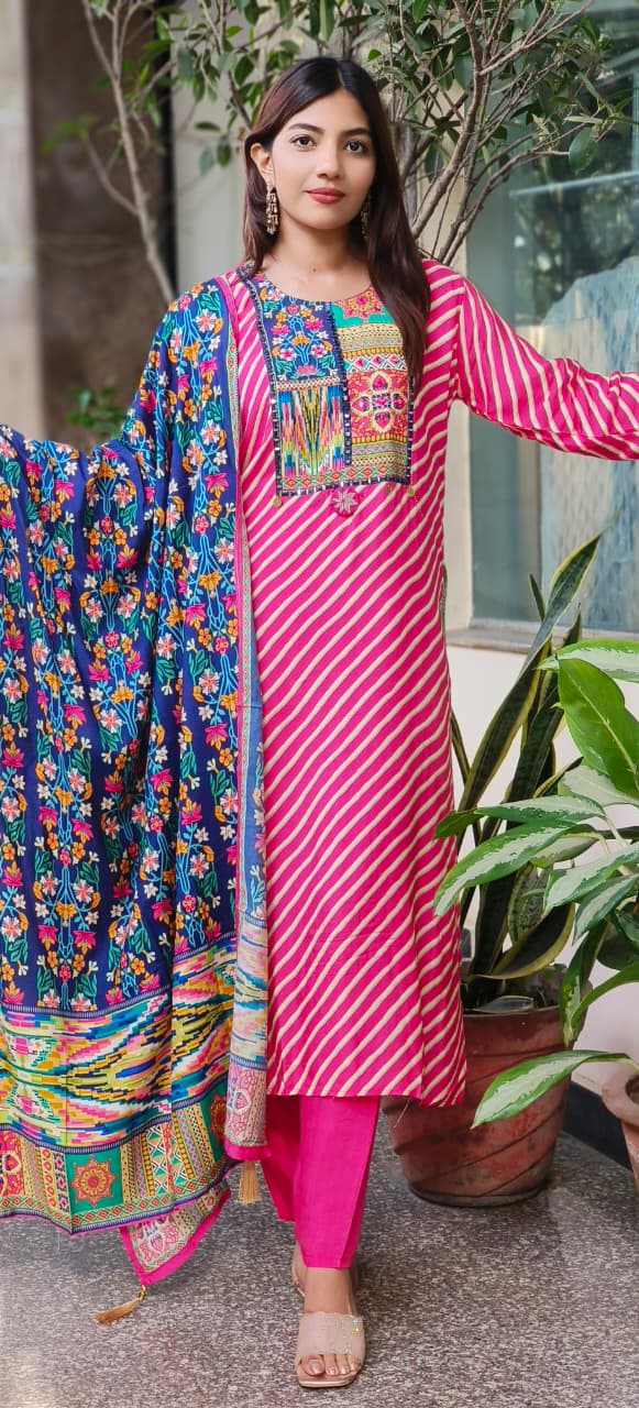 Multi Prints Yoke Leheriya Full Suit Set With Floral Dupatta In Dola Silk Fabric