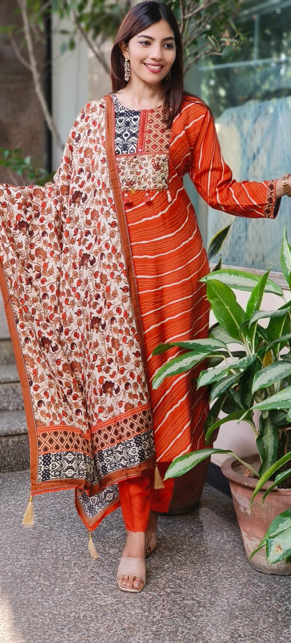Multi Prints Yoke Leheriya Full Suit Set With Floral Dupatta In Dola Silk Fabric