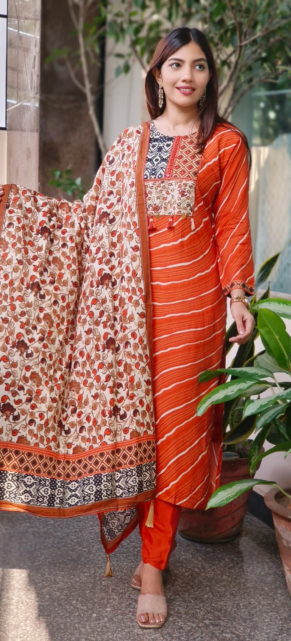 Multi Prints Yoke Leheriya Full Suit Set With Floral Dupatta In Dola Silk Fabric