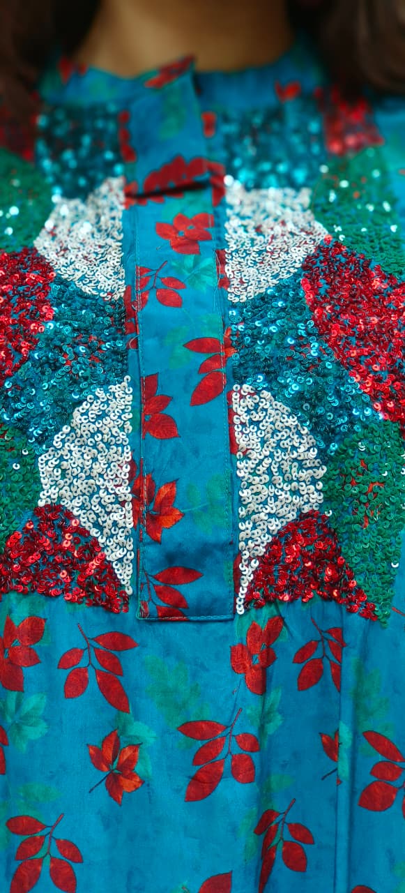 Glittered Foil Bright Color Kaftan With Bottom