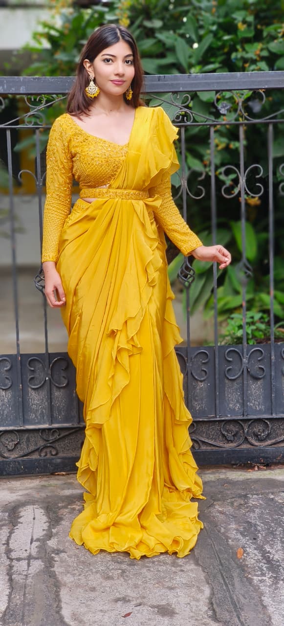 Indo Western Wear Ruffle Saree With Designer Embroidered Blouse In Satin Crepe Fabric Skirt With Belt-DRY WASH-DRY WASH-ONLY ON ORDERS DISPATCHING AFTER 30 DAYS