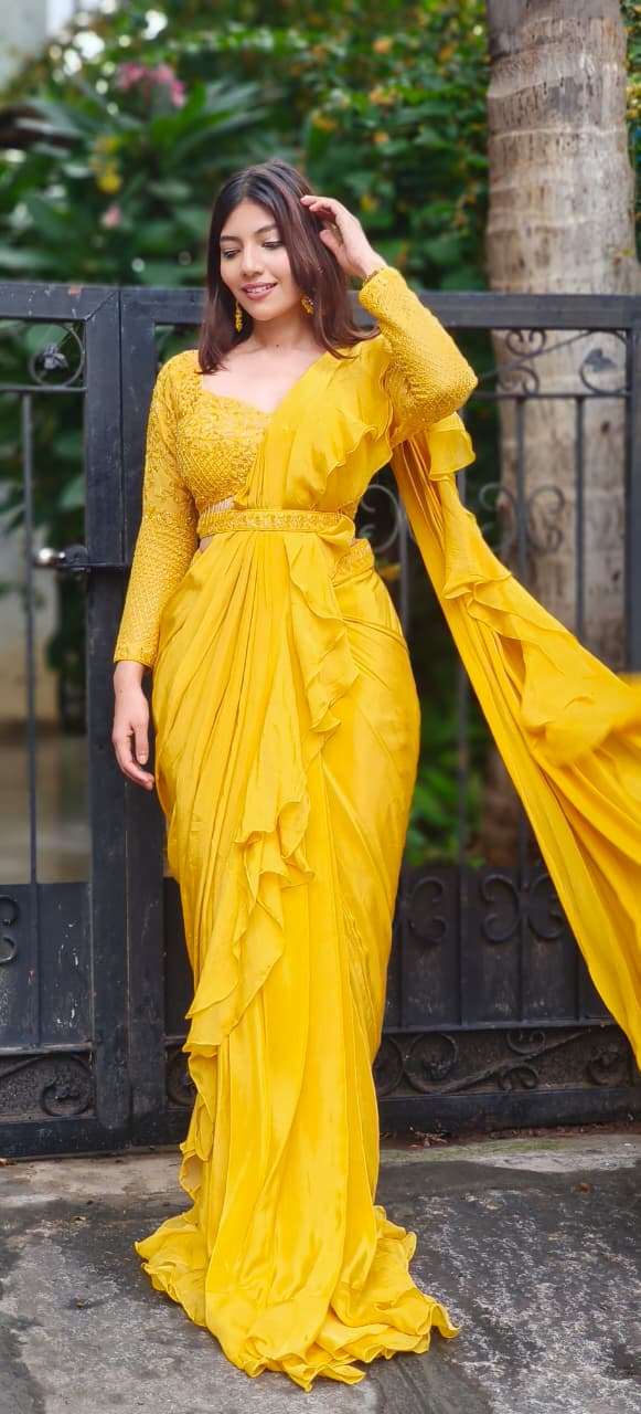Indo Western Wear Ruffle Saree With Designer Embroidered Blouse In Satin Crepe Fabric Skirt With Belt-DRY WASH-DRY WASH-ONLY ON ORDERS DISPATCHING AFTER 30 DAYS