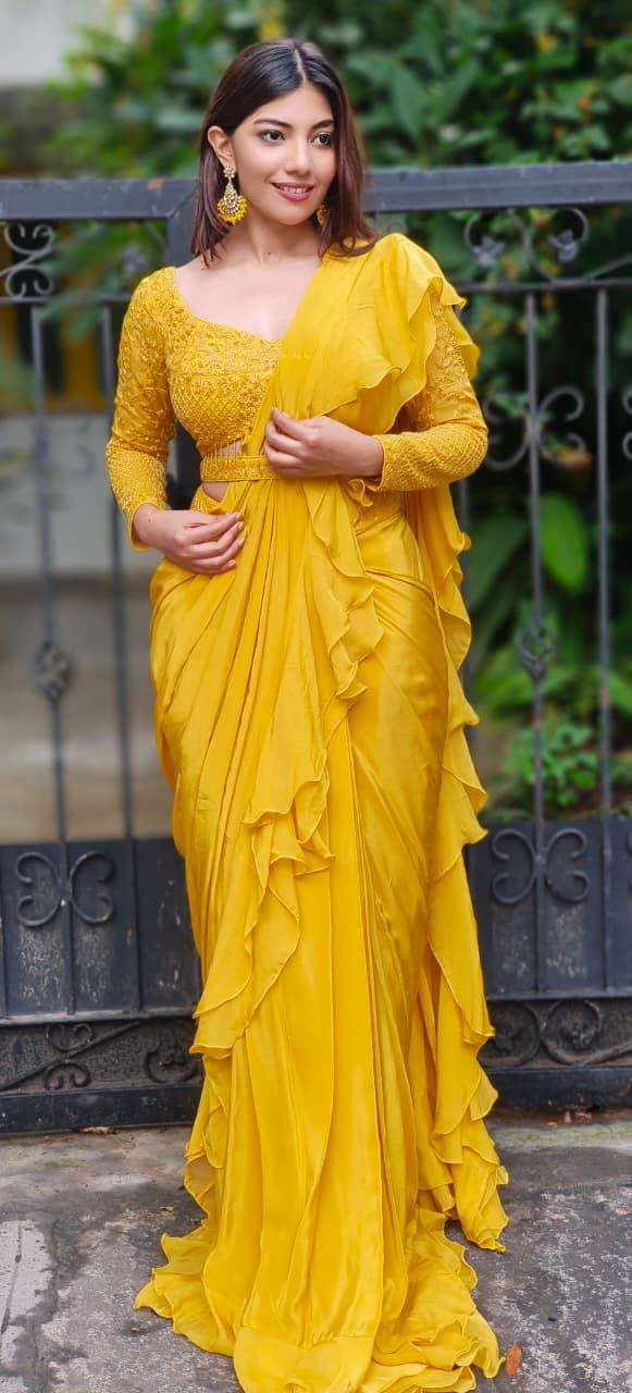 Indo Western Wear Ruffle Saree With Designer Embroidered Blouse In Satin Crepe Fabric Skirt With Belt-DRY WASH-DRY WASH-ONLY ON ORDERS DISPATCHING AFTER 30 DAYS