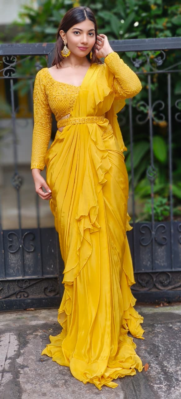 Indo Western Wear Ruffle Saree With Designer Embroidered Blouse In Satin Crepe Fabric Skirt With Belt-DRY WASH-DRY WASH-ONLY ON ORDERS DISPATCHING AFTER 30 DAYS