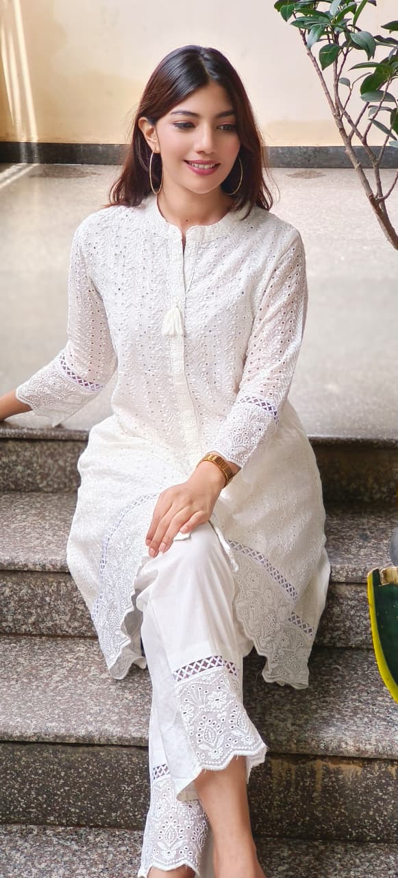 Hacoba Embroidery Mul Cotton White Co-Ord Set-10735