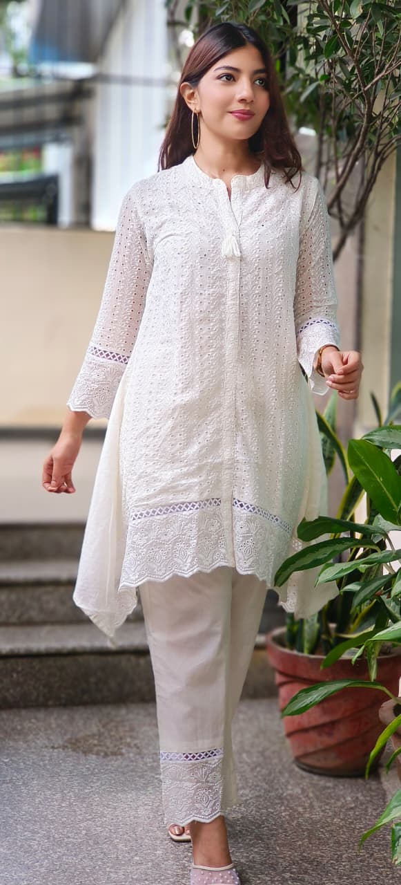Hacoba Embroidery Mul Cotton White Co-Ord Set-10735