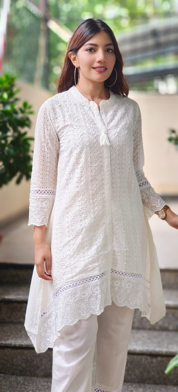 Hacoba Embroidery Mul Cotton White Co-Ord Set-10735