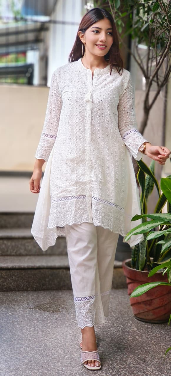 Hacoba Embroidery Mul Cotton White Co-Ord Set-10735