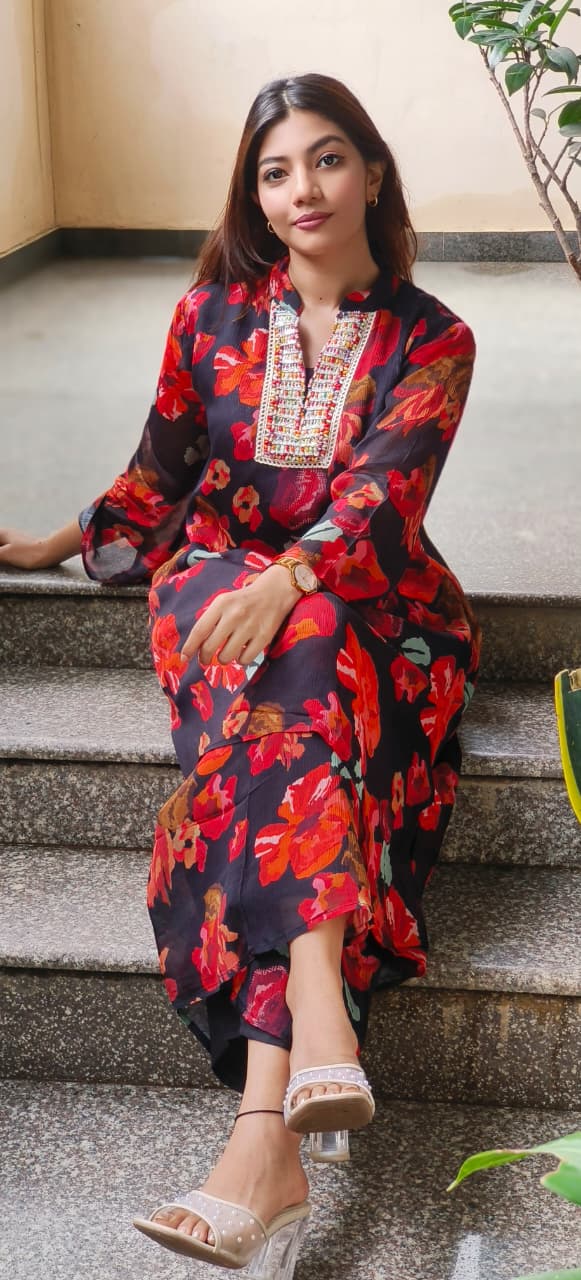 Bright Floral Printed Neck Work Chinon Co-Ord Set-10709,10711