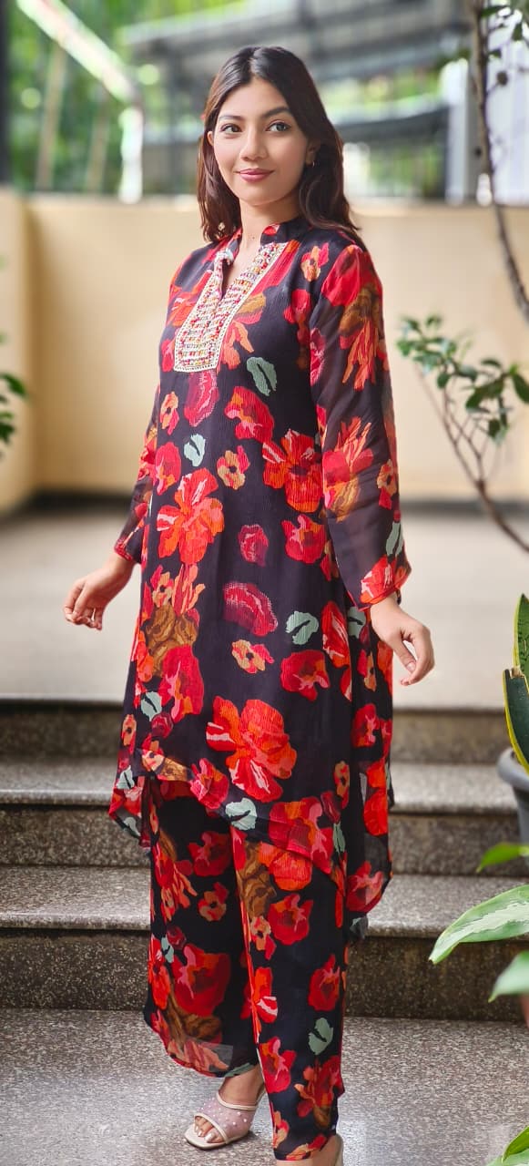 Bright Floral Printed Neck Work Chinon Co-Ord Set-10709,10711