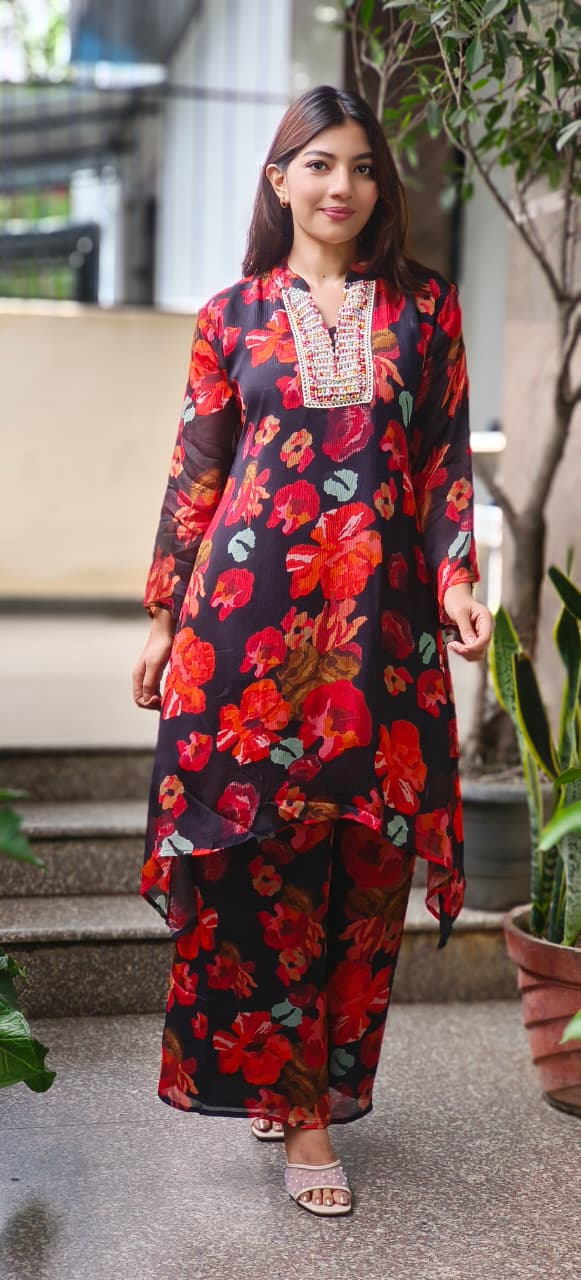 Bright Floral Printed Neck Work Chinon Co-Ord Set-10709,10711