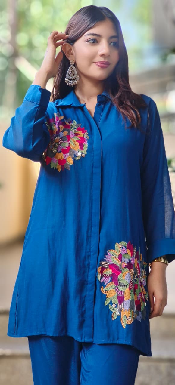 Pure Banarasi Mul Chanderi Minimal Embroidered Collared Solid Co-Ord Set With Taffeta Bottom-10639,10638,10640