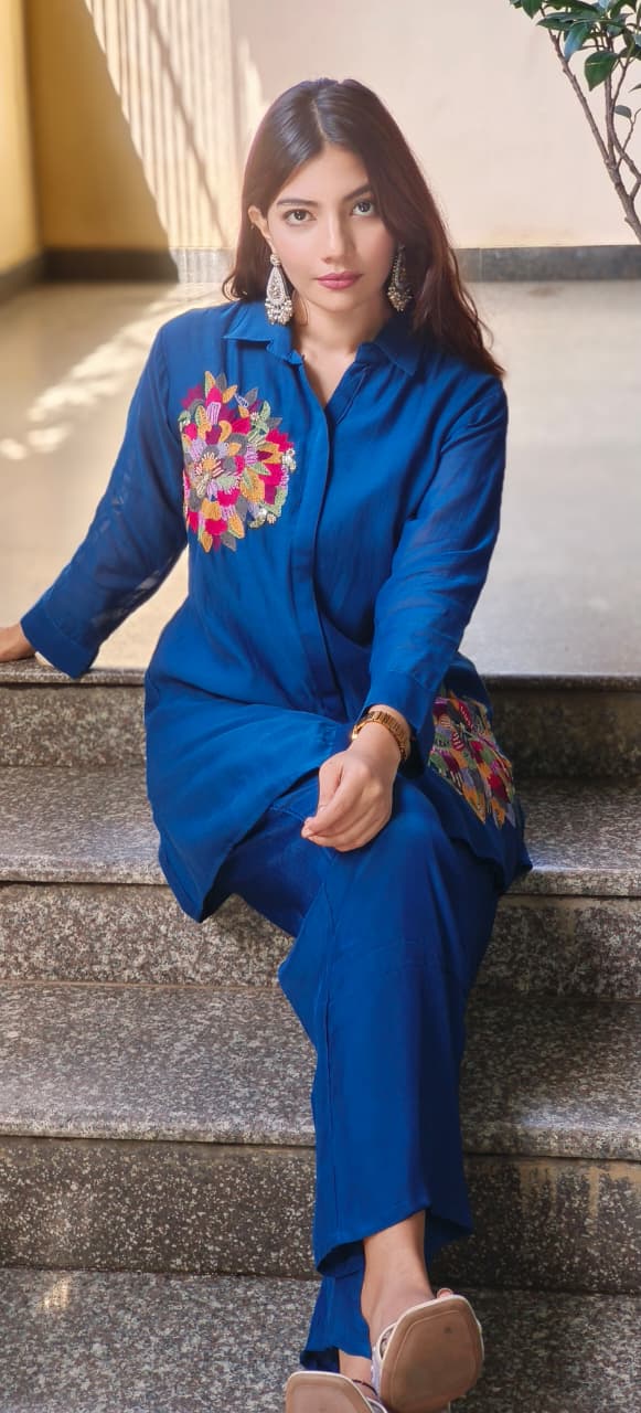 Pure Banarasi Mul Chanderi Minimal Embroidered Collared Solid Co-Ord Set With Taffeta Bottom-10639,10638,10640