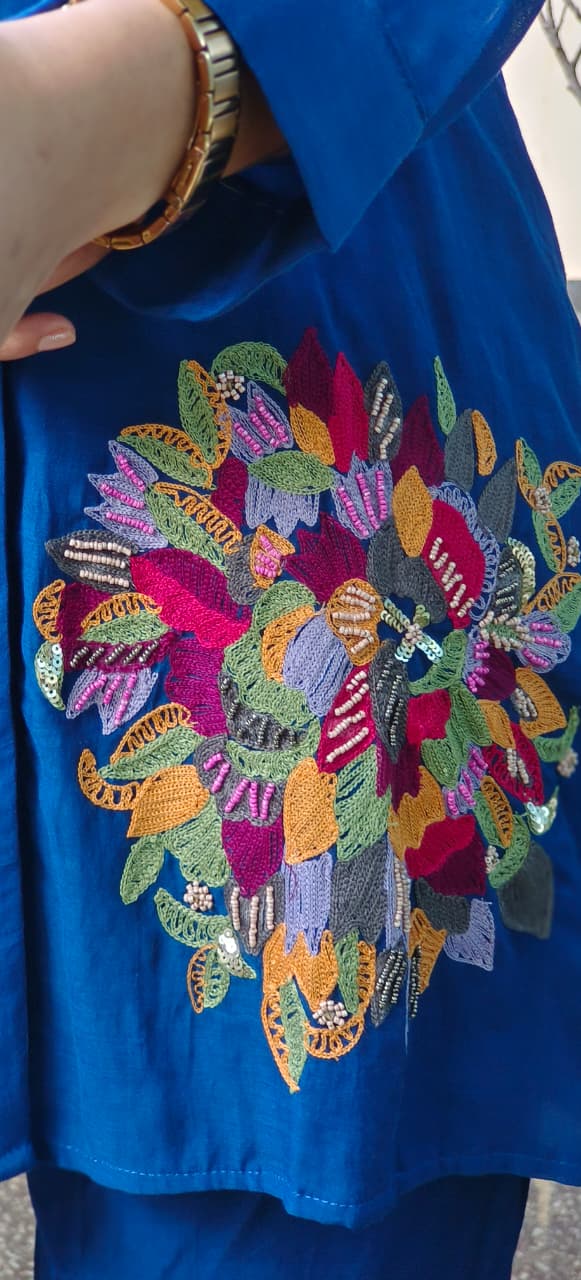 Pure Banarasi Mul Chanderi Minimal Embroidered Collared Solid Co-Ord Set With Taffeta Bottom-10639,10638,10640