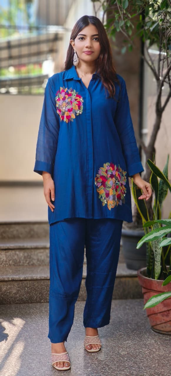 Pure Banarasi Mul Chanderi Minimal Embroidered Collared Solid Co-Ord Set With Taffeta Bottom-10639,10638,10640