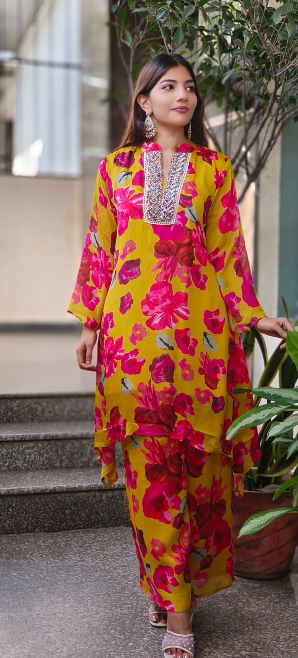 Bright Floral Printed Neck Work Chinon Co-Ord Set-10709,10711