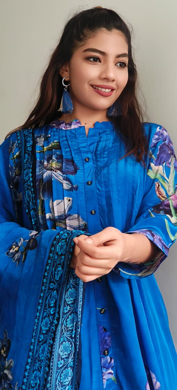 Floral Patched Look Mandarin Collar A-Line Full Suit Set With Dupatta In Crepe Fabric- 10718