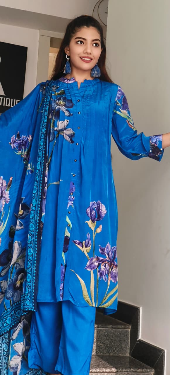 Floral Patched Look Mandarin Collar A-Line Full Suit Set With Dupatta In Crepe Fabric- 10718