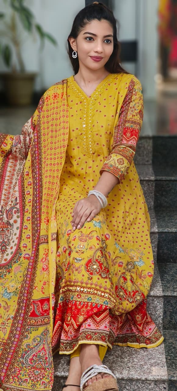 Soft Mall Cotton Floral Printed Anarkali Full Suit 010681