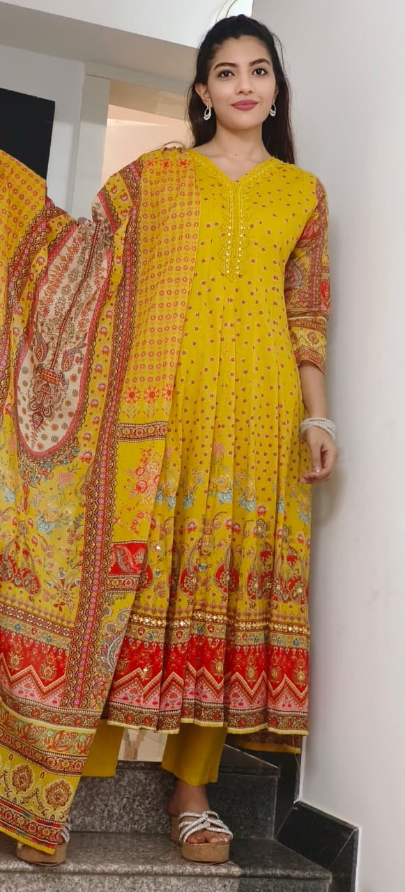 Soft Mall Cotton Floral Printed Anarkali Full Suit 010681