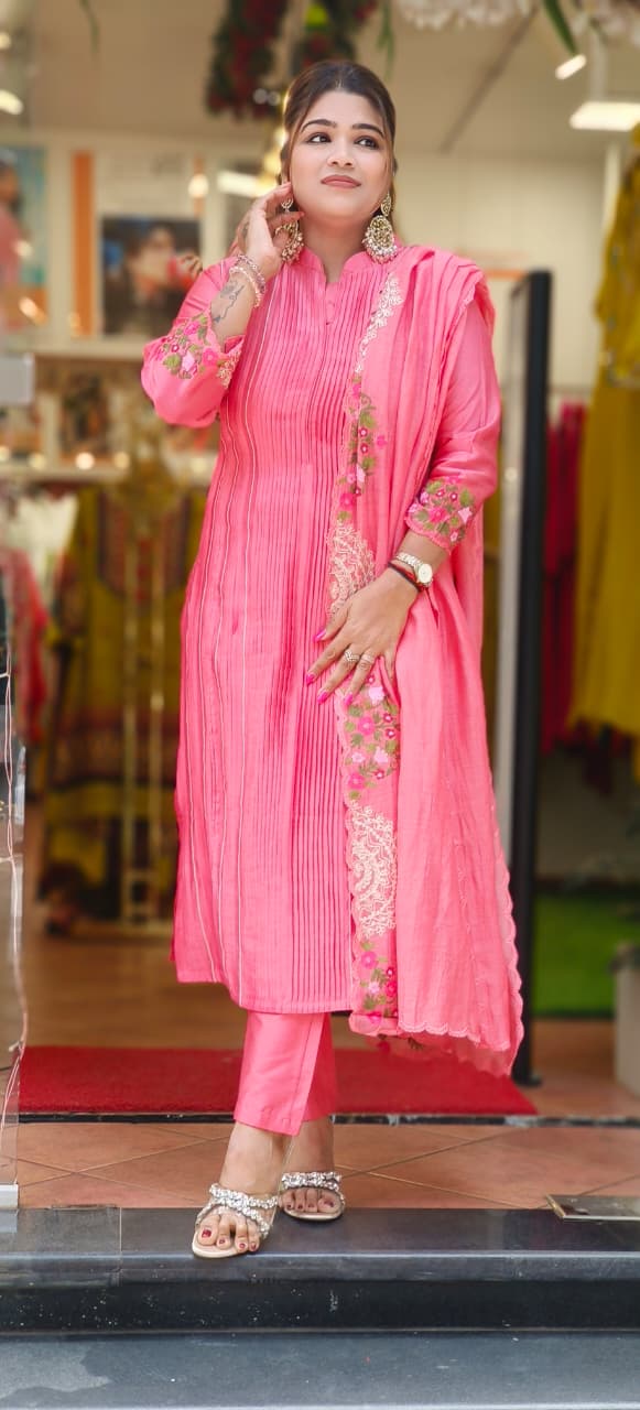Petal Embroidered Lined Mandarin Collar Straight Full Suit Set With Dupatta In Pure Chanderi Fabric 107610 10762