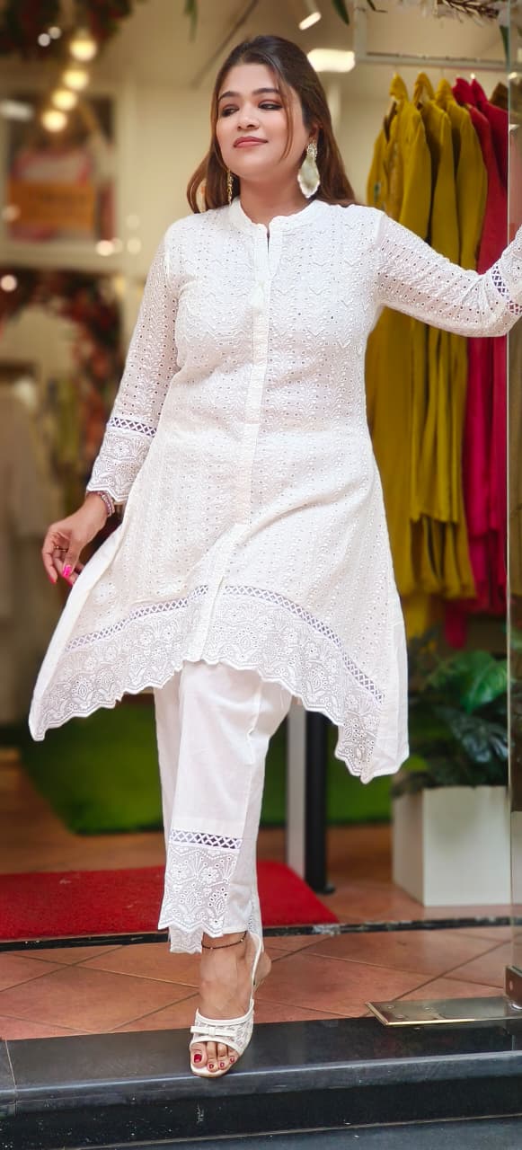 Hacoba Embroidery Mul Cotton White Co-Ord Set-10735