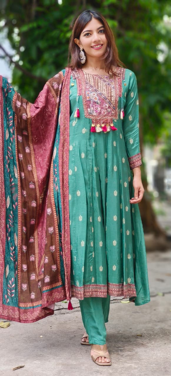 Beautiful Boho Look Panel Anarkali Full Suit Set With Dupatta In Dola Silk Fabric