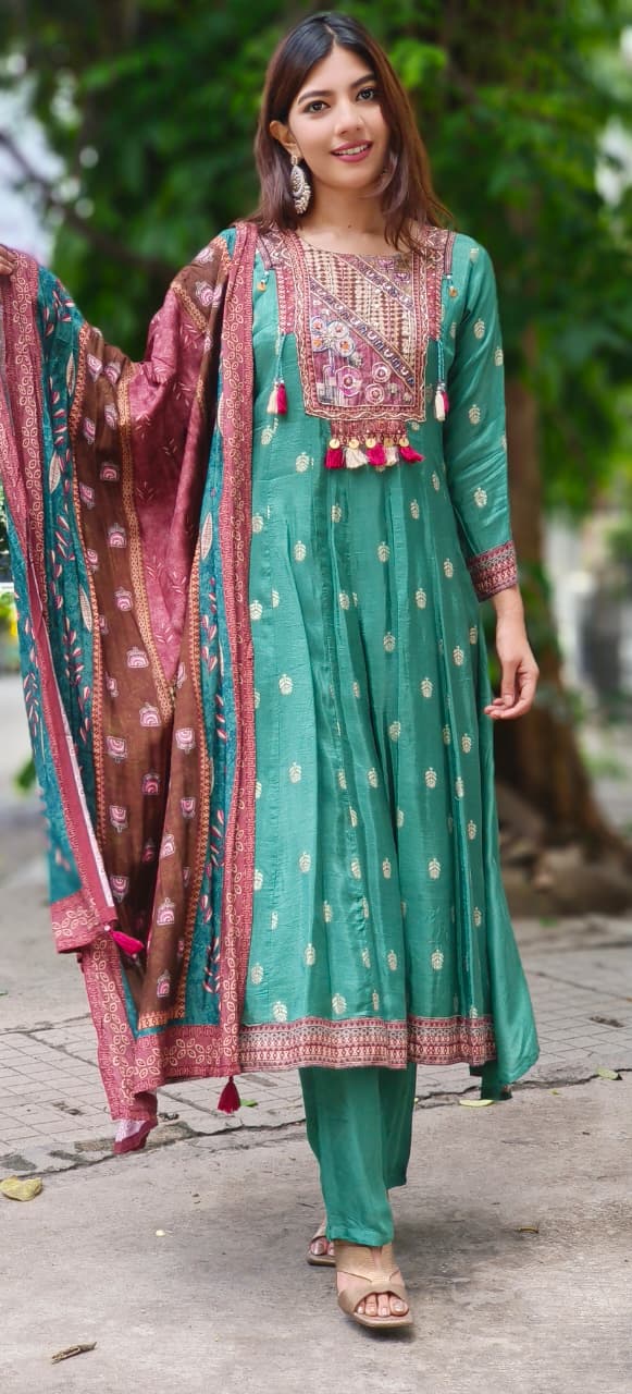 Beautiful Boho Look Panel Anarkali Full Suit Set With Dupatta In Dola Silk Fabric