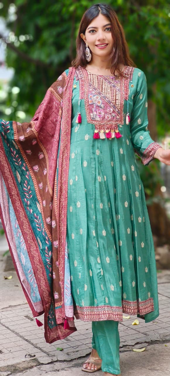 Beautiful Boho Look Panel Anarkali Full Suit Set With Dupatta In Dola Silk Fabric