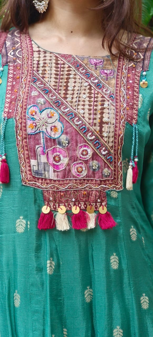 Beautiful Boho Look Panel Anarkali Full Suit Set With Dupatta In Dola Silk Fabric