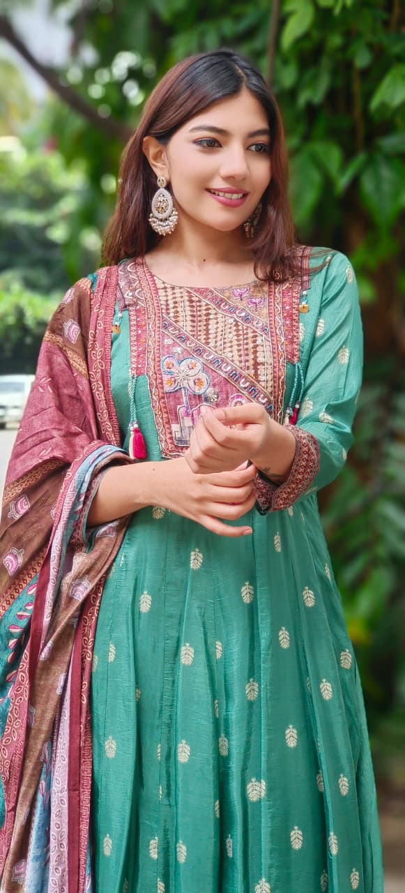 Beautiful Boho Look Panel Anarkali Full Suit Set With Dupatta In Dola Silk Fabric
