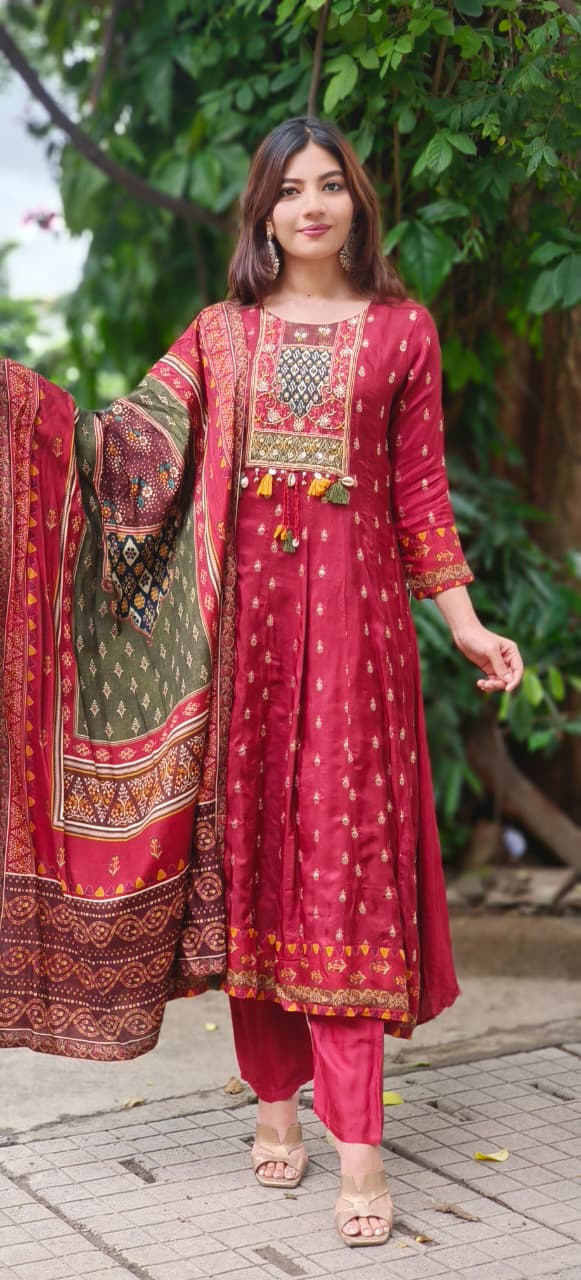 Beautiful Boho Look Panel Anarkali Full Suit Set With Dupatta In Dola Silk Fabric