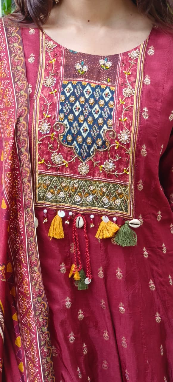 Beautiful Boho Look Panel Anarkali Full Suit Set With Dupatta In Dola Silk Fabric