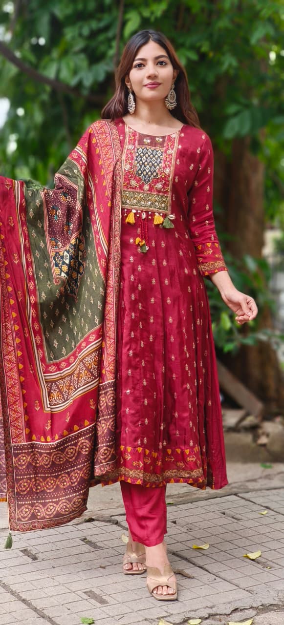 Beautiful Boho Look Panel Anarkali Full Suit Set With Dupatta In Dola Silk Fabric